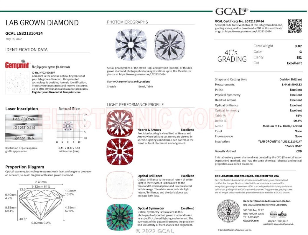 ZAHRA H&A 3.07ct G color SI1 Clarity